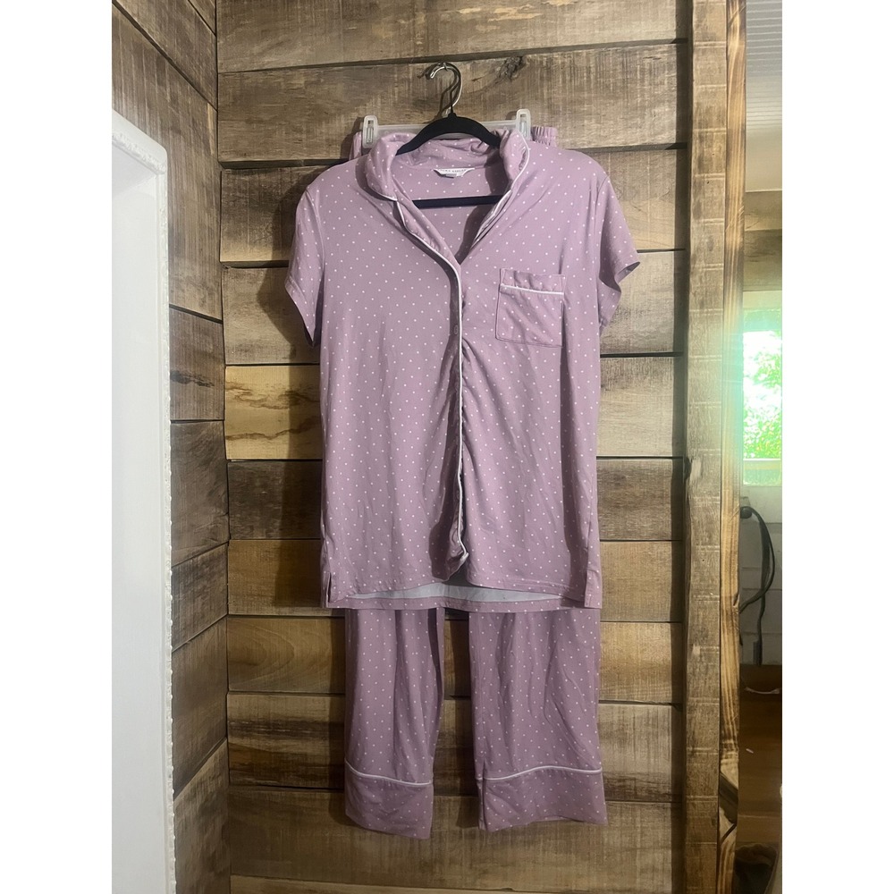Laura Ashley Womens Pajama Set Purple Polka Dot Button Down Top Pants Small